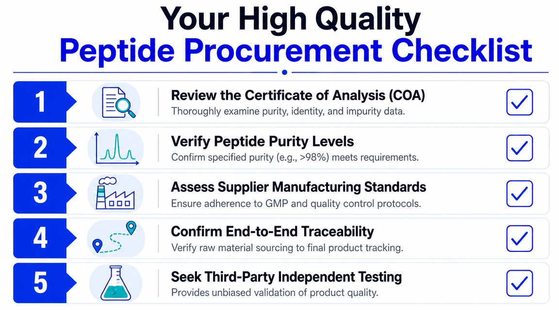 A five-step infographic guide titled Your High Quality Peptide Procurement Checklist for verifying peptide quality standards.