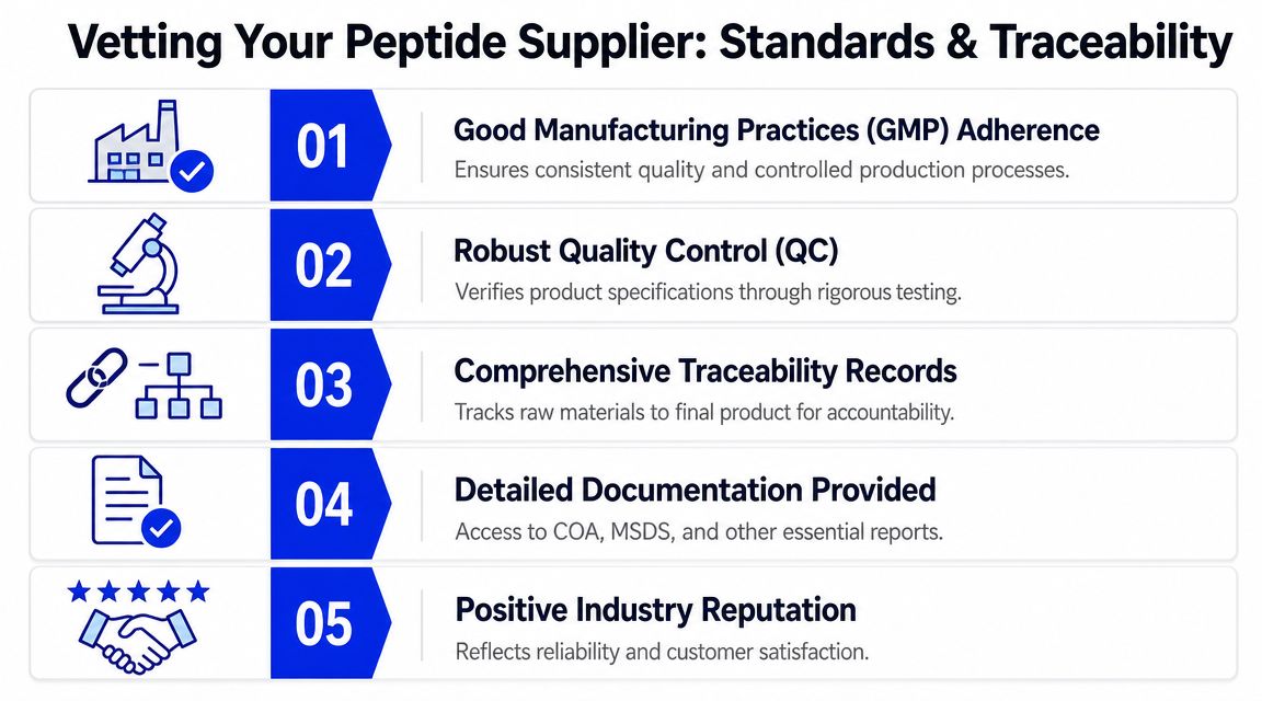 A five-point infographic titled Vetting Your Peptide Supplier outlining essential standards for quality, control, and traceability.