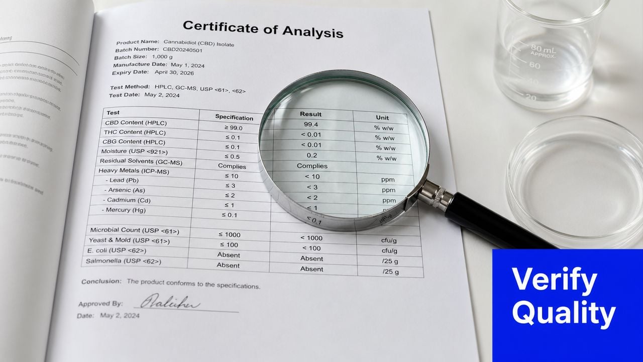 A Certificate of Analysis document under a magnifying glass, verifying the chemical purity of a CBD isolate sample.