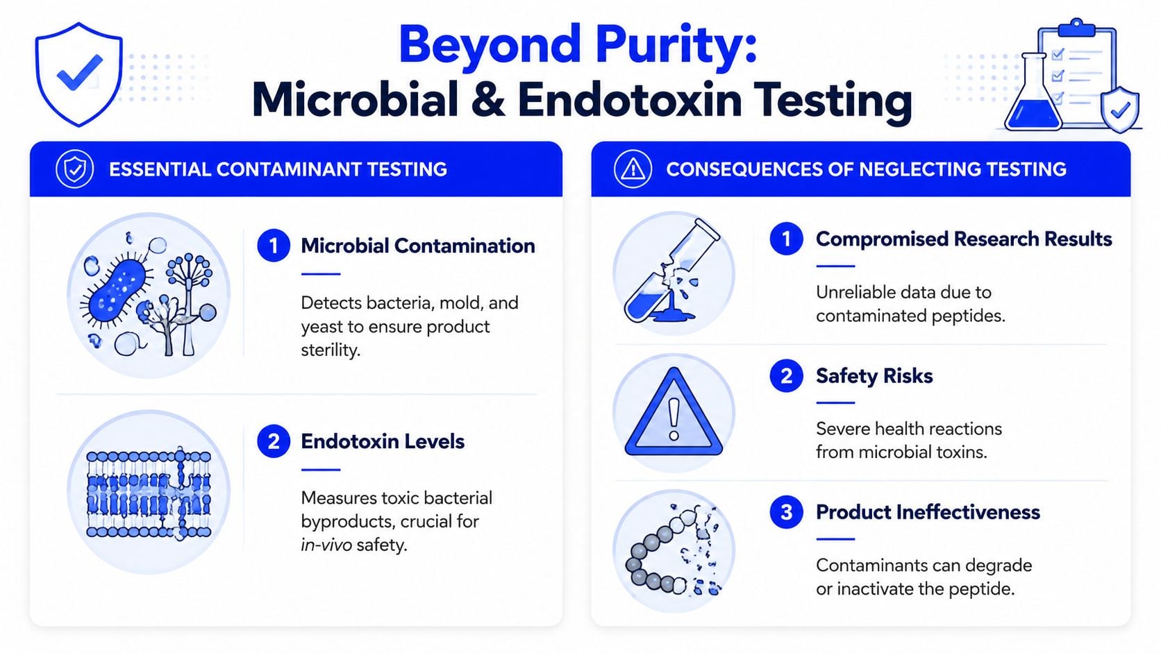 An infographic detailing the importance of microbial and endotoxin testing to ensure research peptide purity and safety.