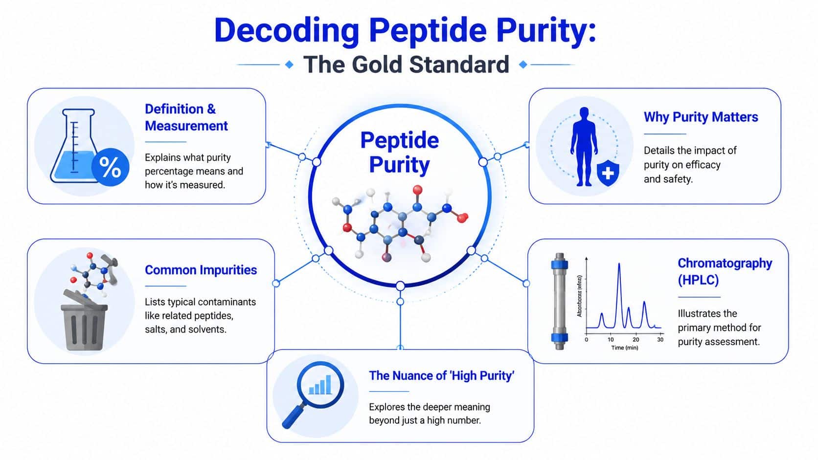 An infographic titled Decoding Peptide Purity explaining measurement, impurities, impact, and HPLC testing methods.