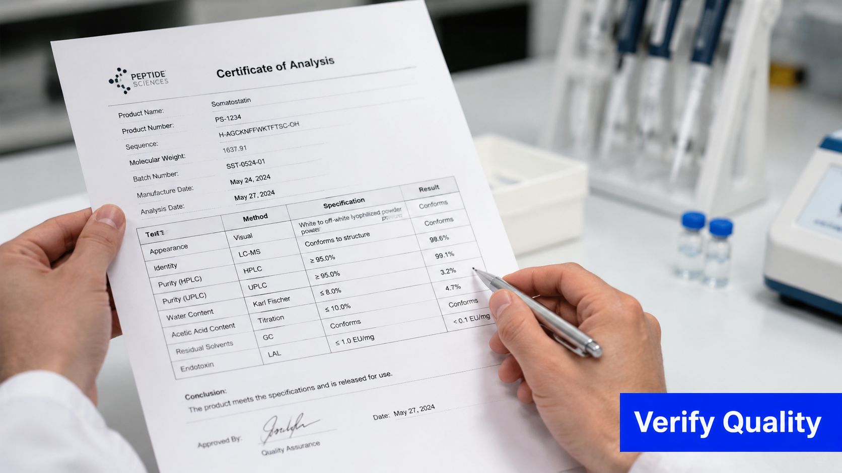 A scientist holding a peptide Certificate of Analysis document in a laboratory setting for quality verification.