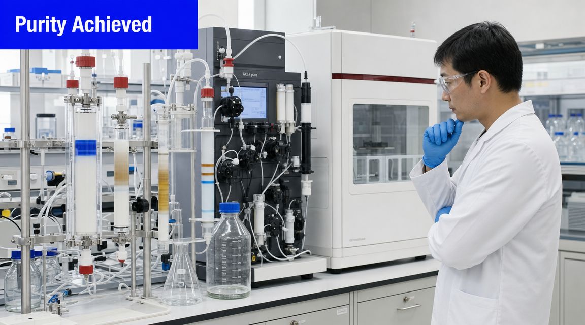 A scientist in a lab coat observing a complex chromatography system used for protein or peptide purification.