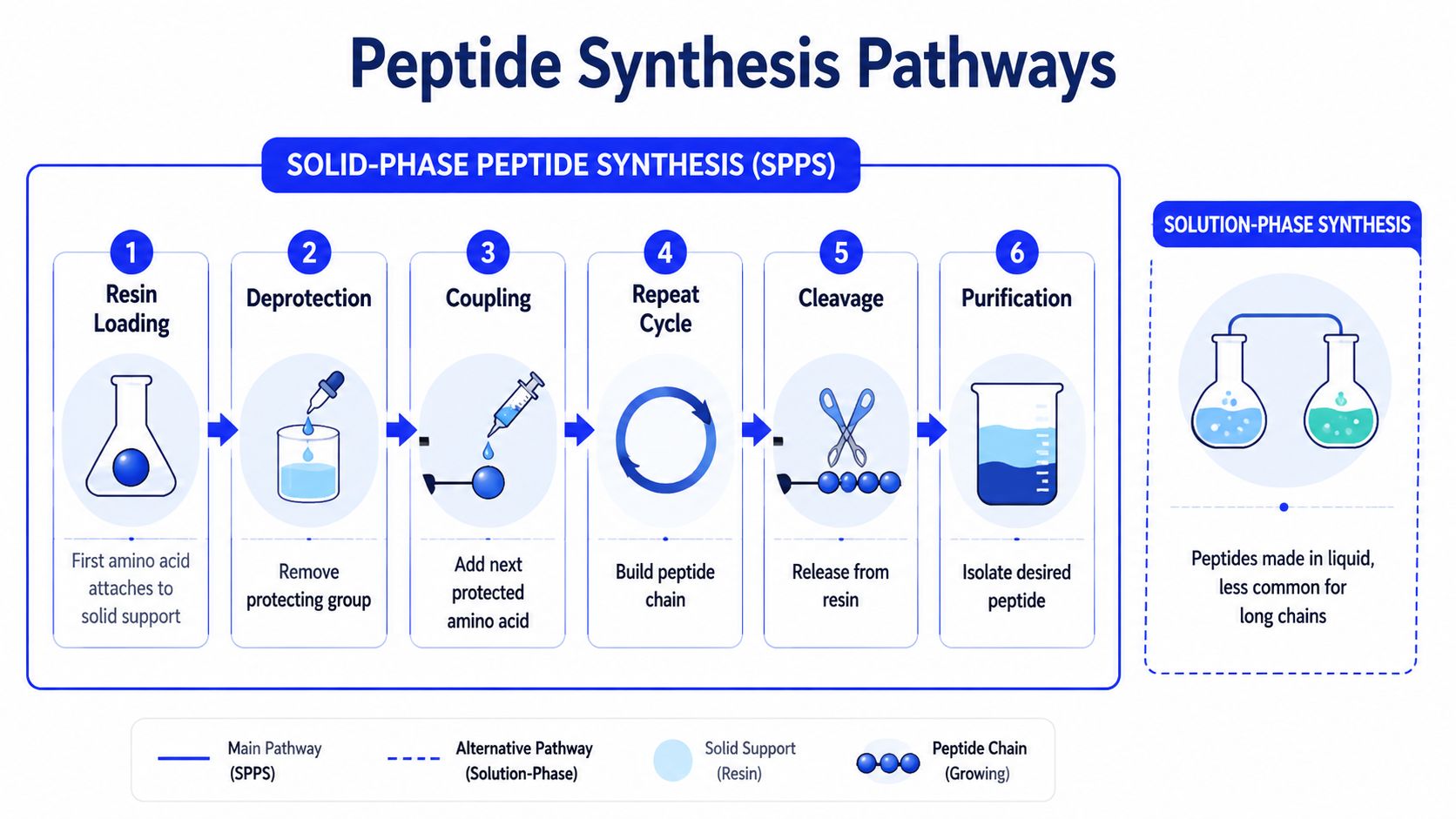 A diagram illustrating the step-by-step process of solid-phase peptide synthesis compared to solution-phase synthesis methods.