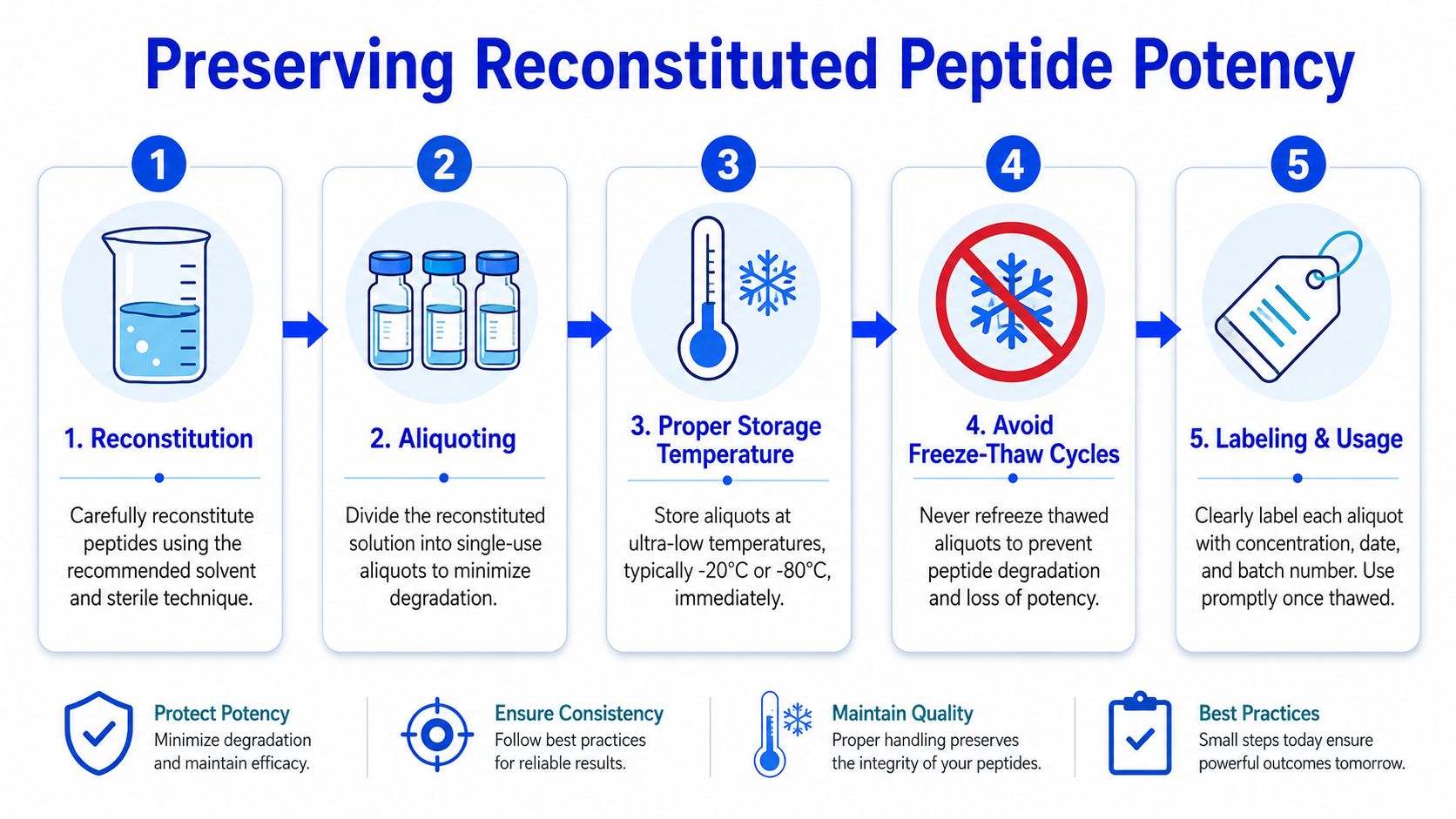 A five-step infographic guide explaining how to preserve the potency of reconstituted peptides in laboratory settings.
