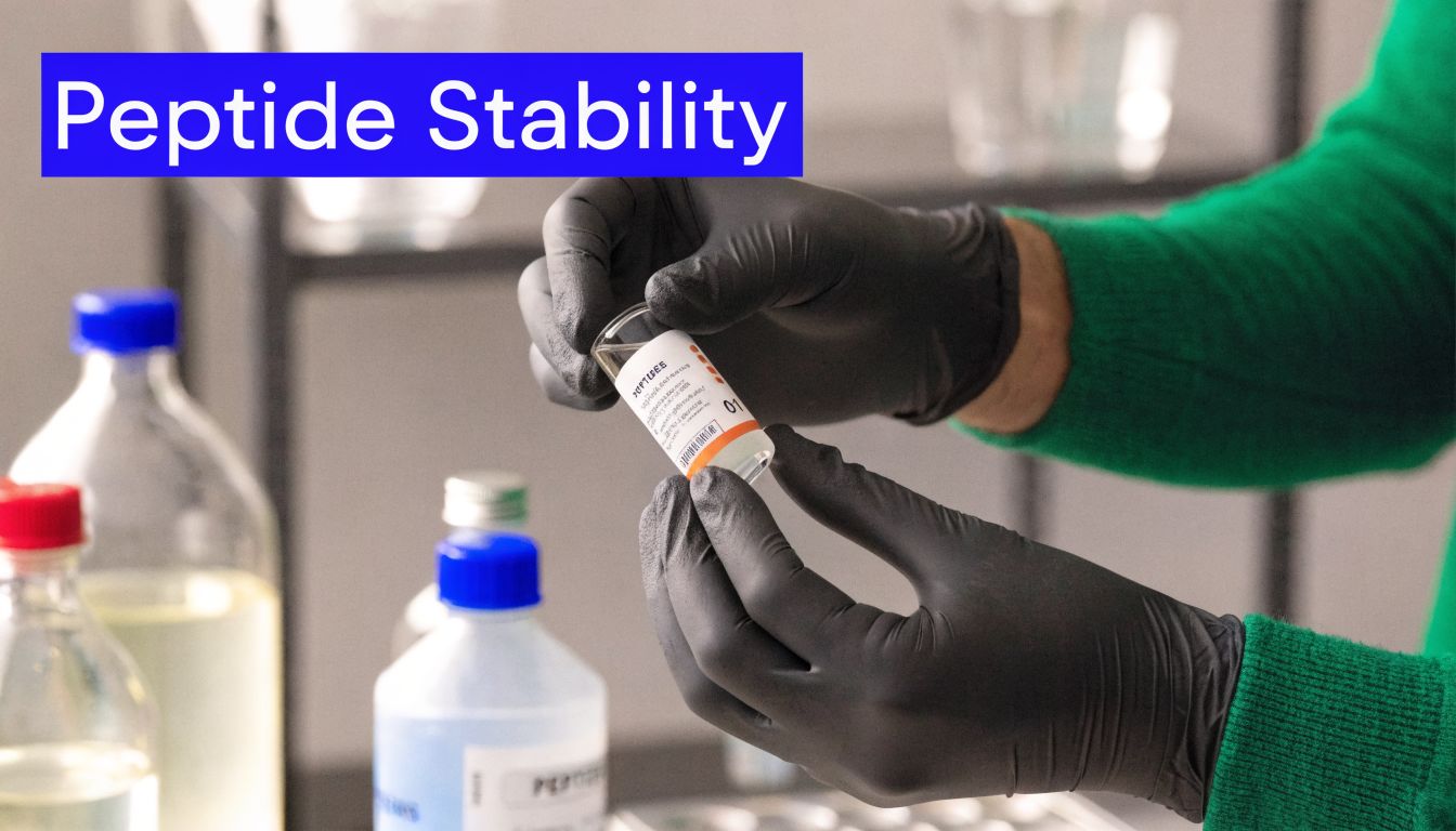 A scientist wearing black gloves holds a small vial of peptides in a laboratory setting.