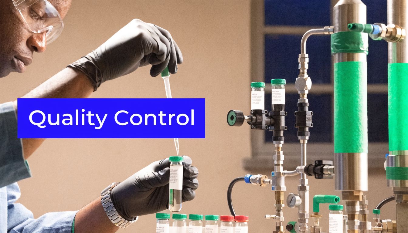 A scientist in a laboratory wearing gloves and goggles, testing samples to perform quality control analysis.