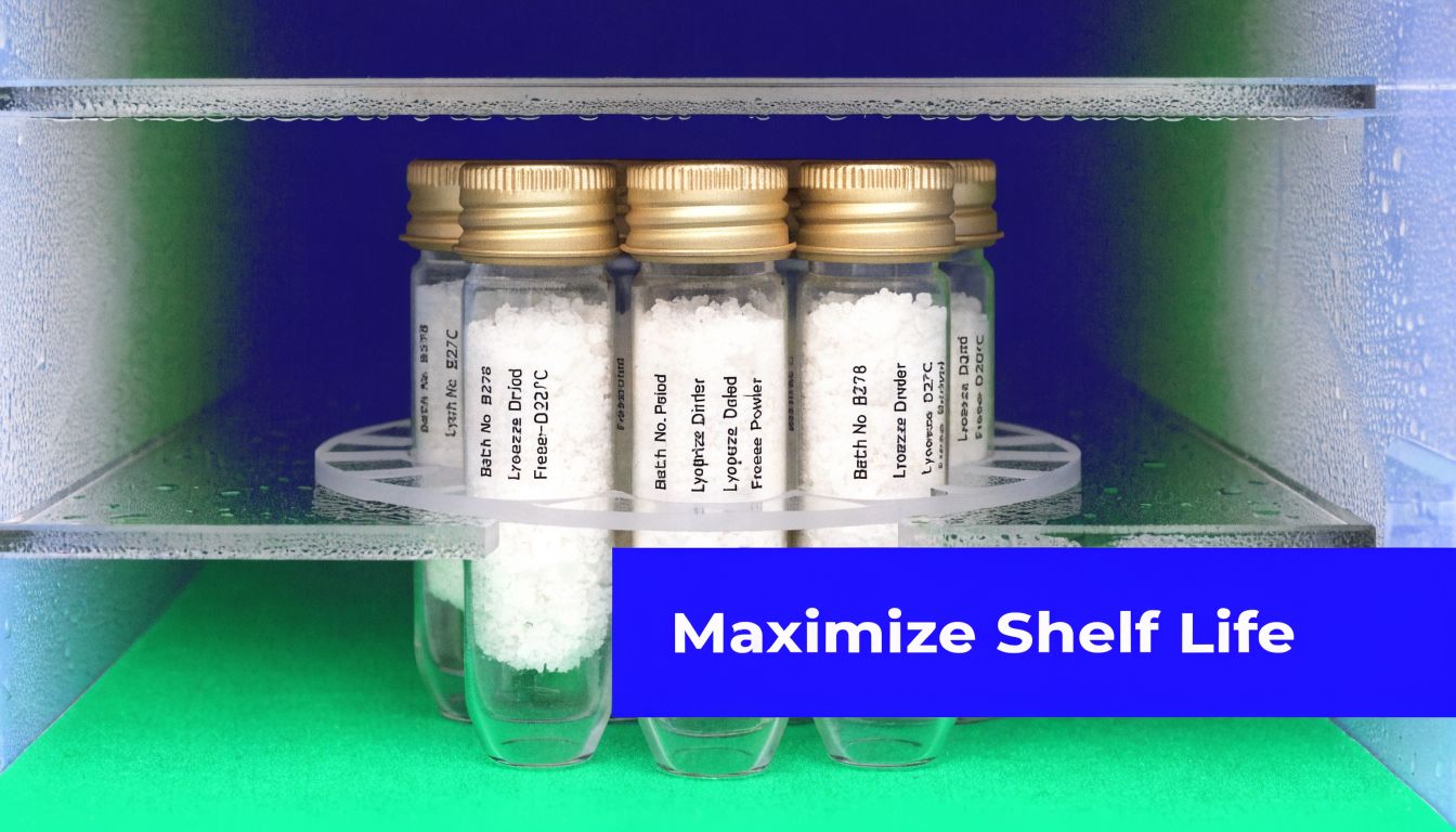 Glass vials containing freeze-dried peptides stored on a rotating rack inside a refrigerator.