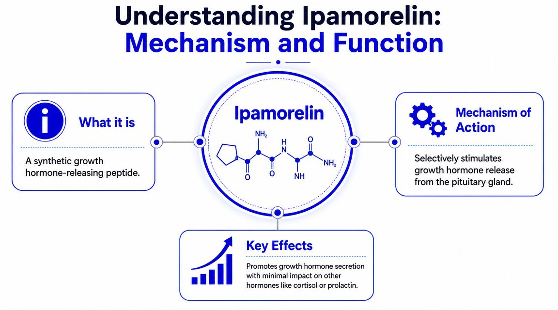 An infographic explaining that Ipamorelin is a synthetic peptide that stimulates growth hormone release.