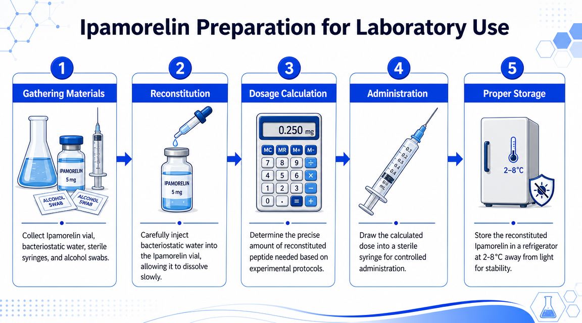 A five-step infographic showing the laboratory preparation process for reconstituting and storing Ipamorelin peptide for research.