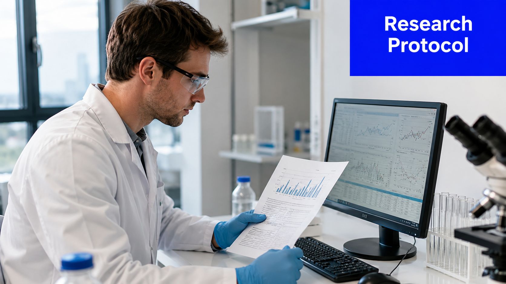 A scientist in a laboratory wearing protective gear while analyzing research data on paper and computer.