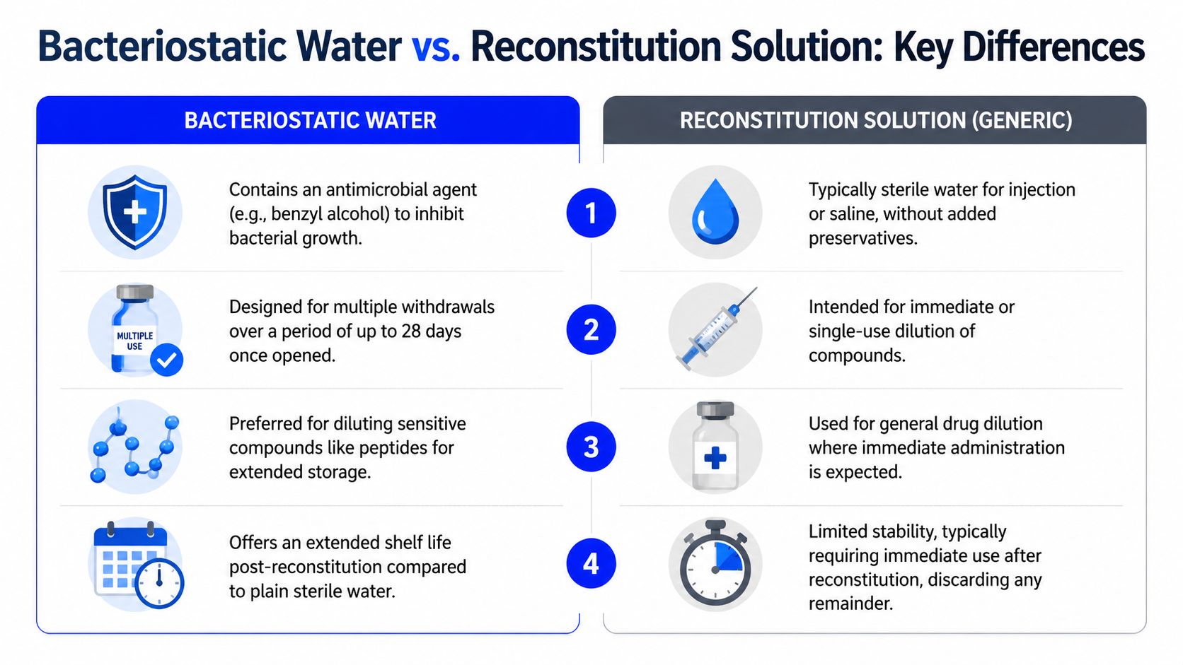 A comparison chart outlining key differences between bacteriostatic water and generic reconstitution solution for medical use.