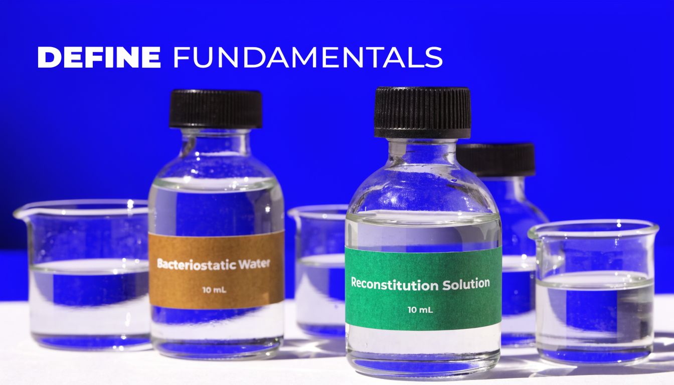 Bottles of bacteriostatic water and reconstitution solution alongside glass beakers on a blue background.