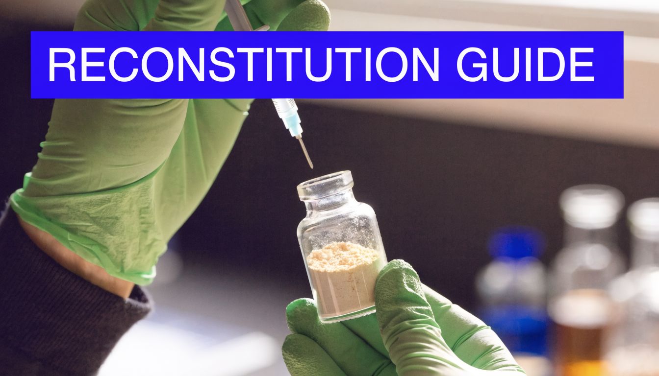 A scientist in green gloves prepares to add liquid to a vial of powdered medicine for reconstitution.