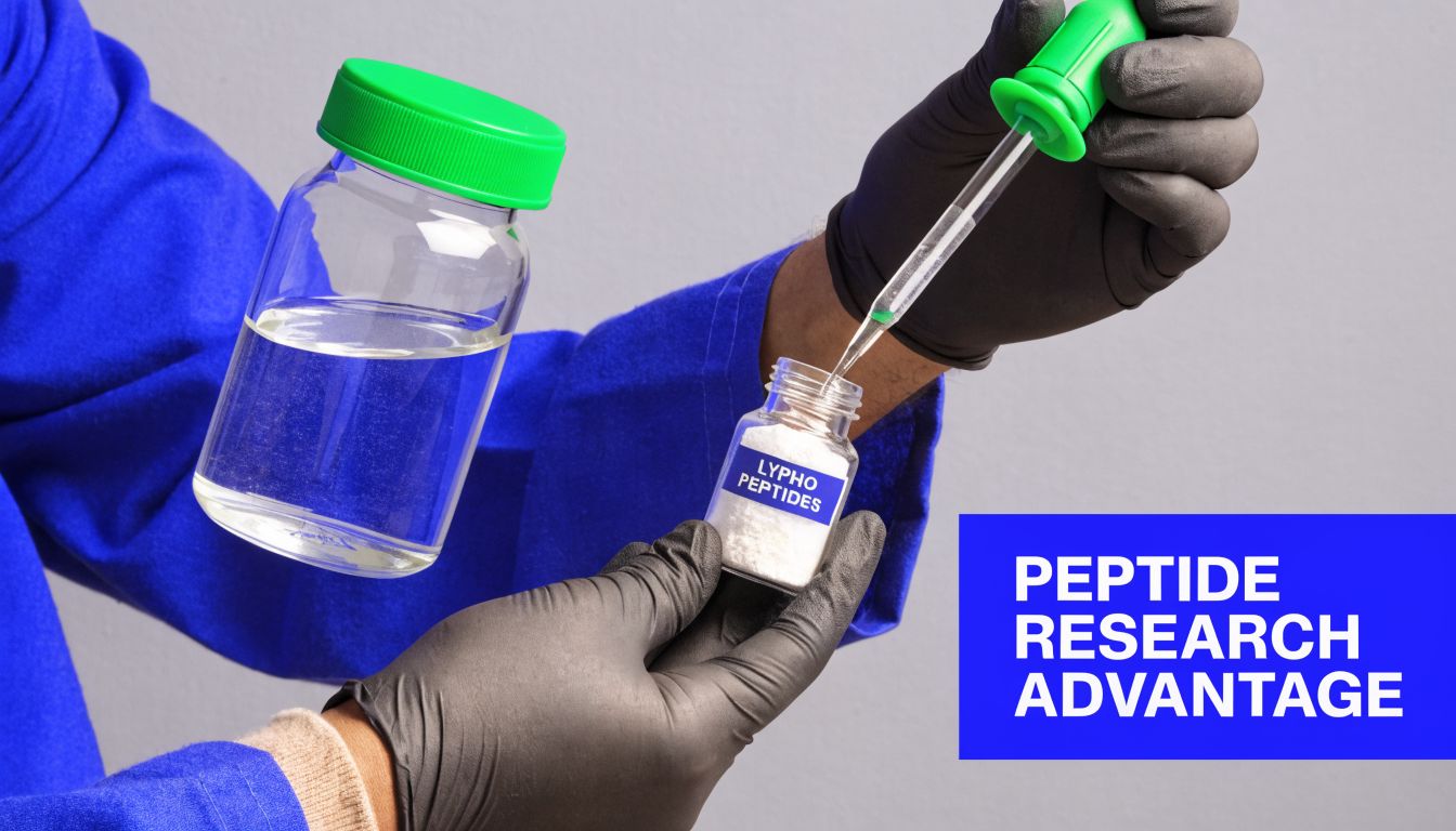A researcher wearing gloves prepares to mix bacteriostatic water into a small vial labeled Lypho Peptides.