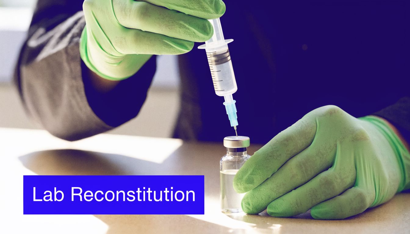 A lab technician wearing green protective gloves preparing a medication vial with a syringe for reconstitution.