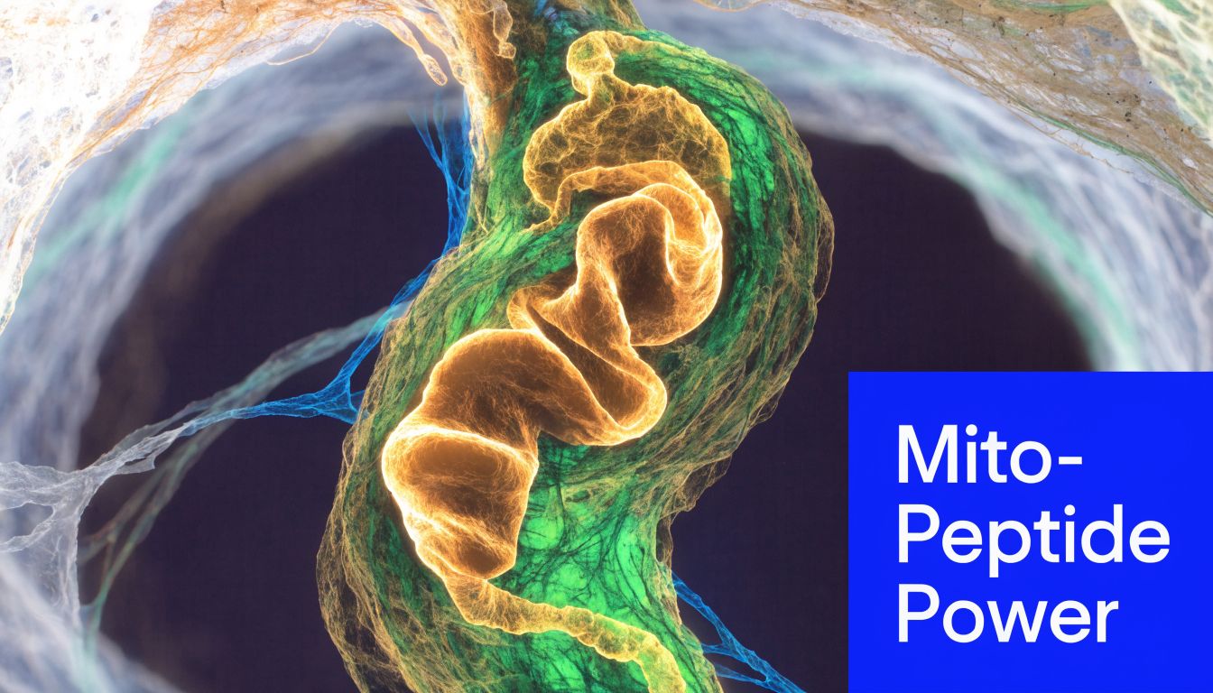 A microscopic view of a mitochondria-like structure illustrating the concept of Mito-Peptide Power for health.