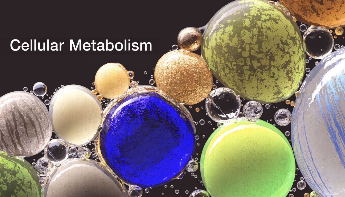 A colorful abstract representation of cellular metabolism featuring various vibrant floating spheres against a dark background. mots-c peptide