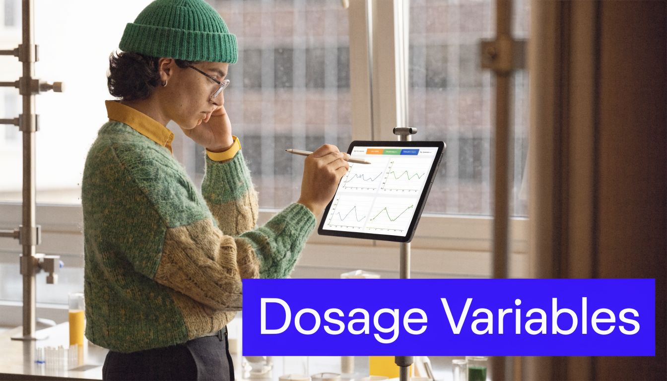 A scientist in a laboratory reviewing dosage variable data on a tablet display with interactive line graphs.