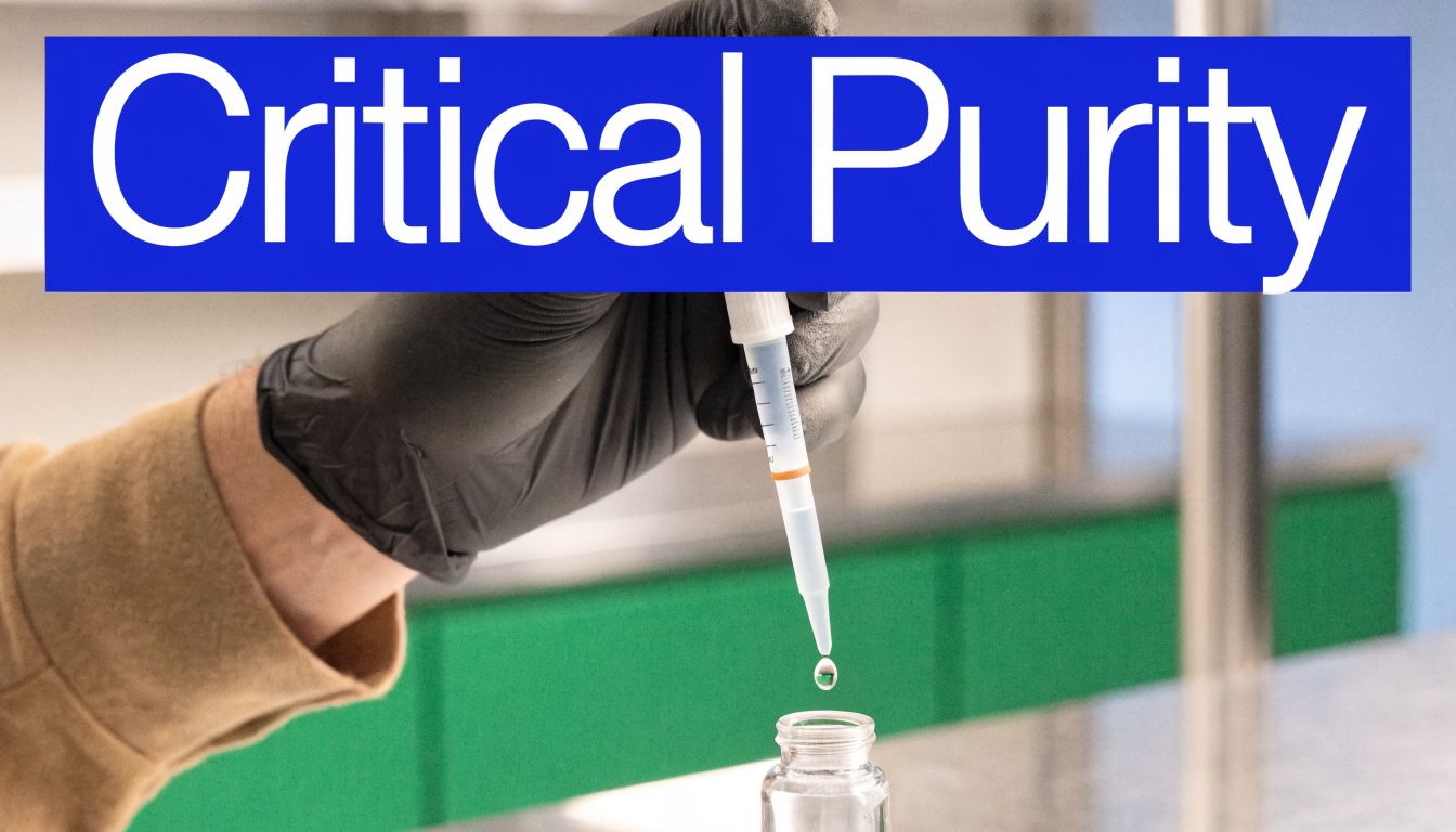A scientist in black gloves using a pipette to dispense a liquid droplet into a small glass vial.