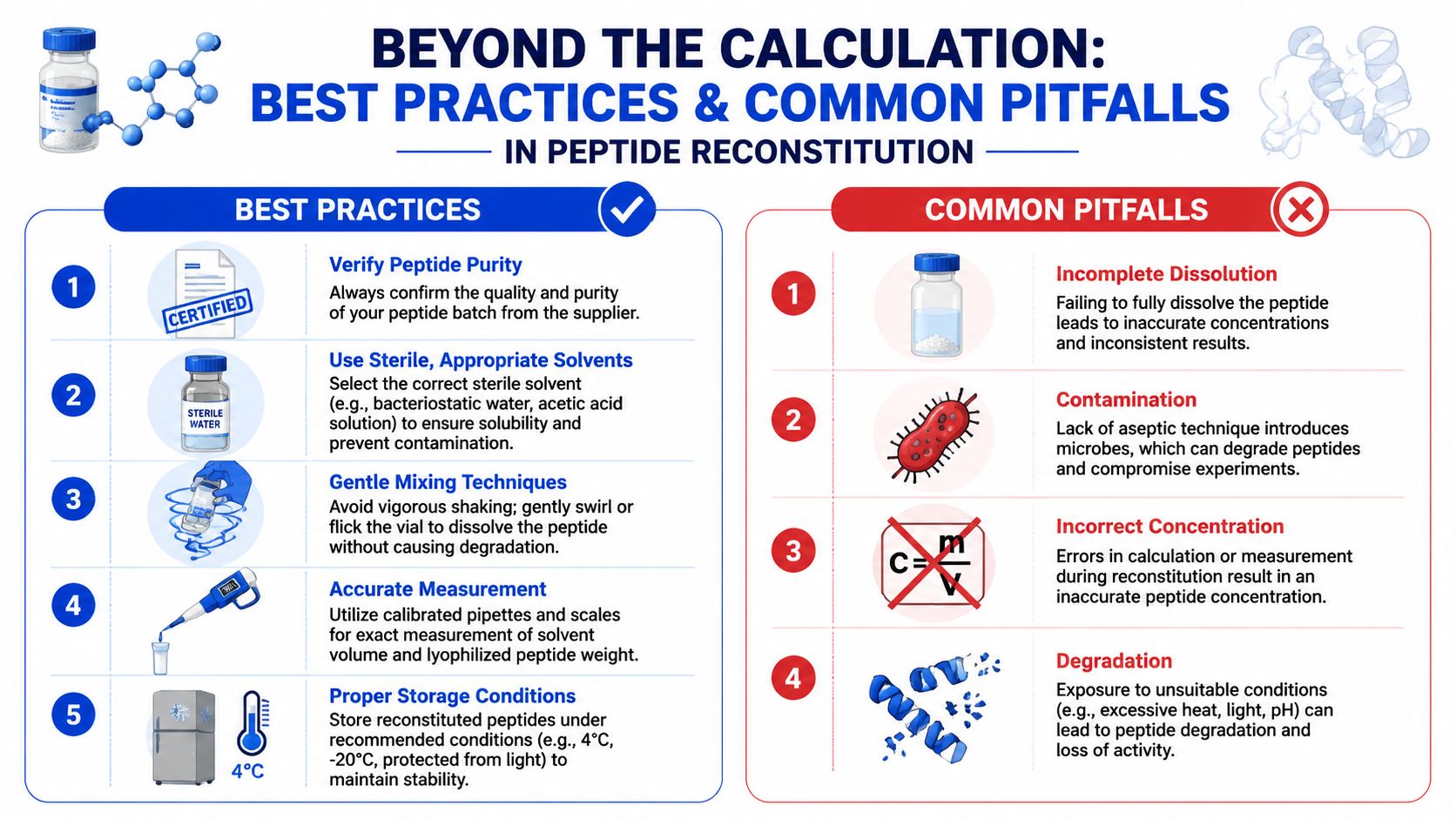An infographic detailing best practices and common pitfalls to avoid during the process of peptide reconstitution.