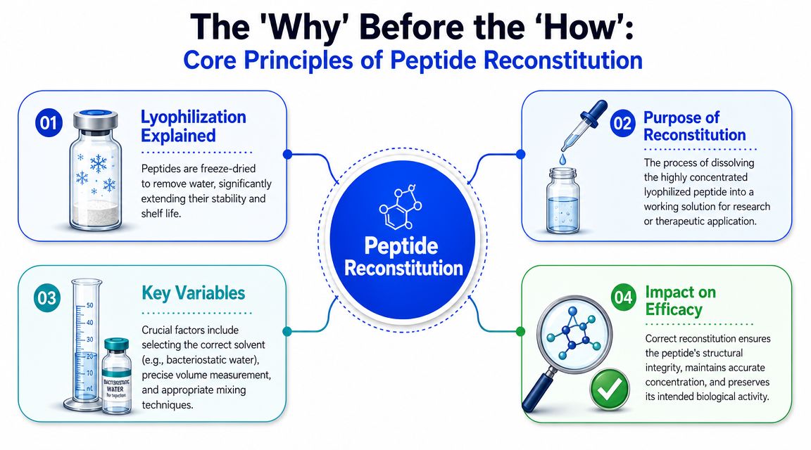 An infographic detailing the core principles of peptide reconstitution, including lyophilization, dilution, variables, and efficacy impact.