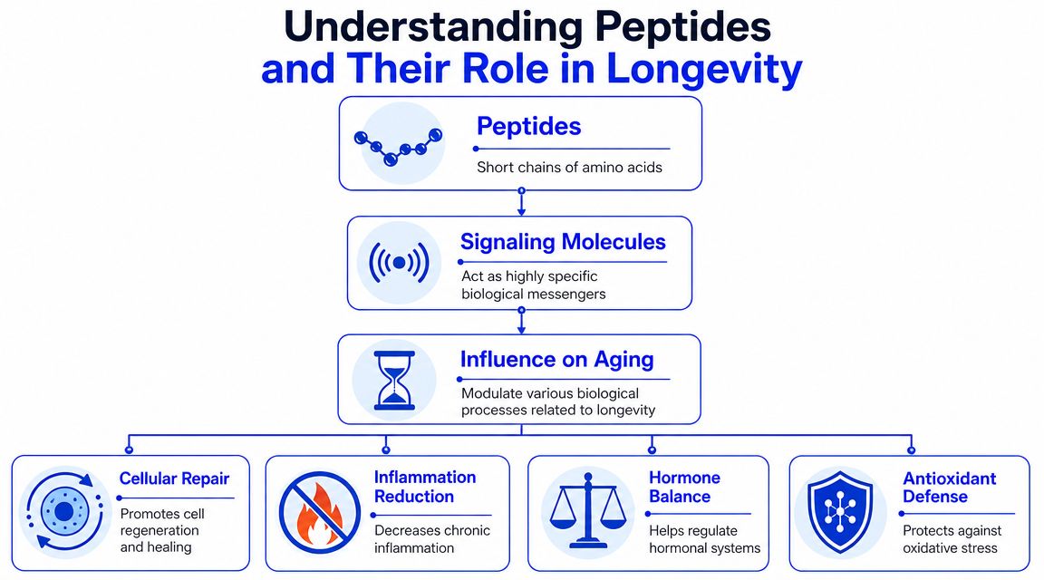 An infographic titled Understanding Peptides and Their Role in Longevity explaining how peptides influence biological aging processes.