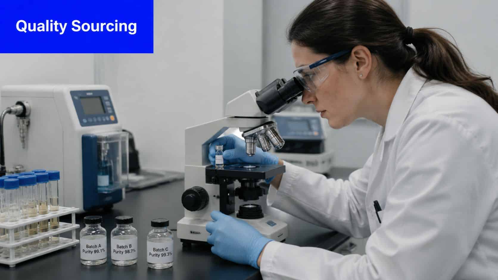 A female scientist in a lab coat using a microscope to examine a sample with purity batches.
