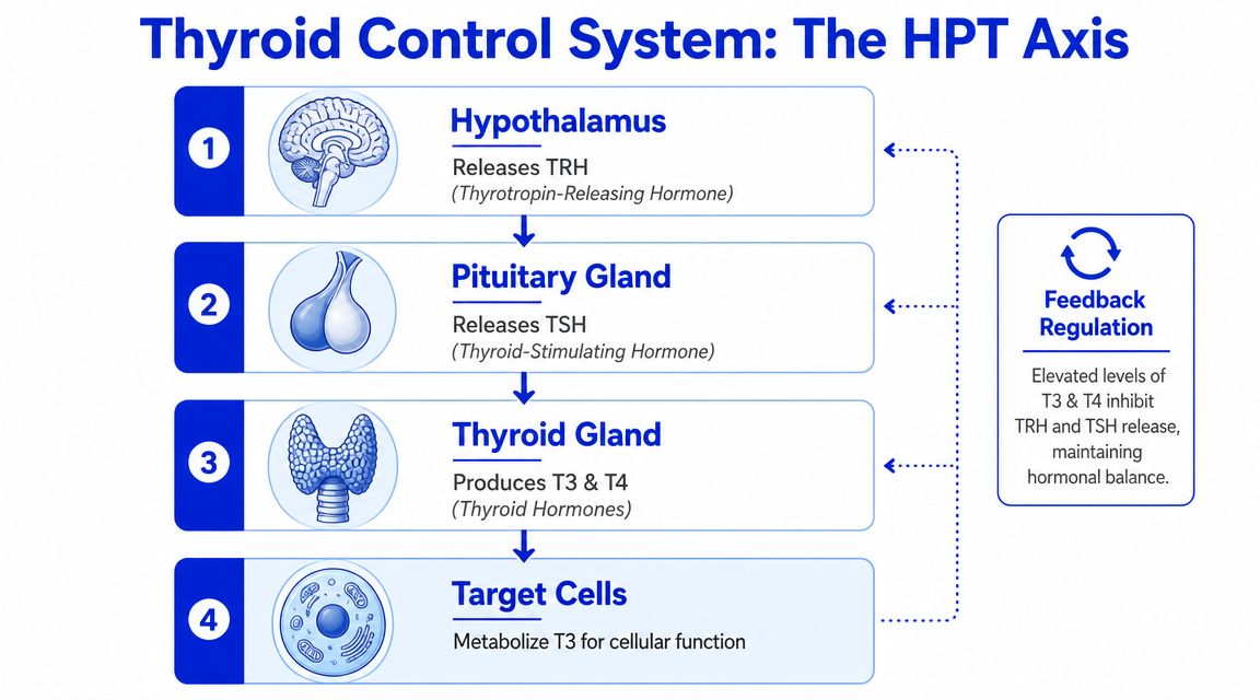 A diagram illustrating the HPT axis showing how the hypothalamus, pituitary, and thyroid glands regulate thyroid hormone production.