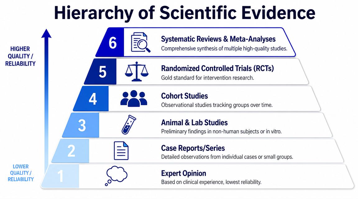 A hierarchical pyramid showing levels of scientific evidence ranging from expert opinion to systematic reviews.