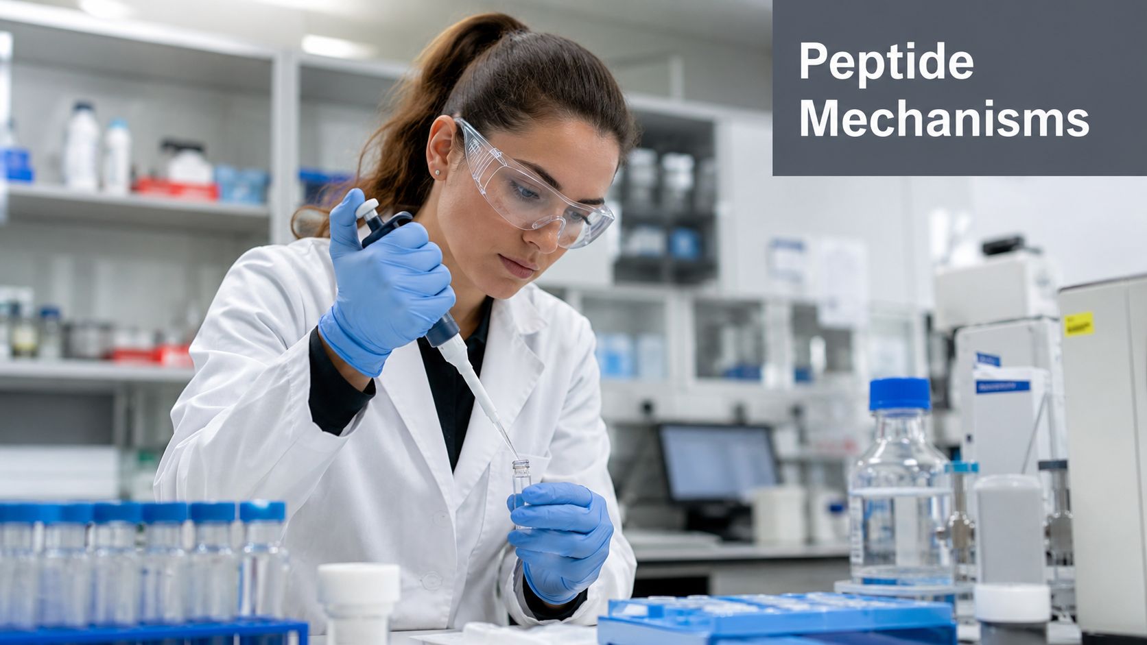 A scientist in a laboratory conducting research on peptide mechanisms with a pipette and glass vial.
