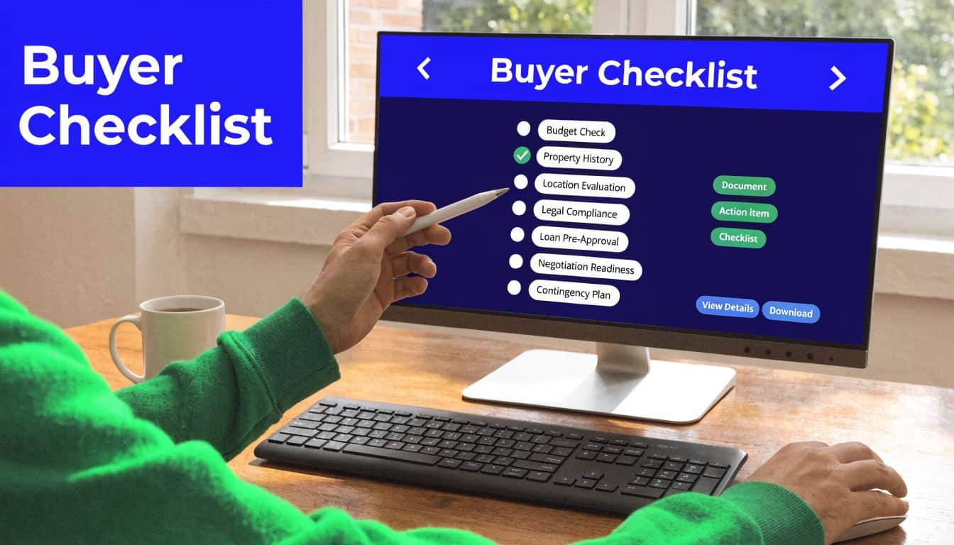 A person using a computer to review a digital buyer checklist with various real estate steps.