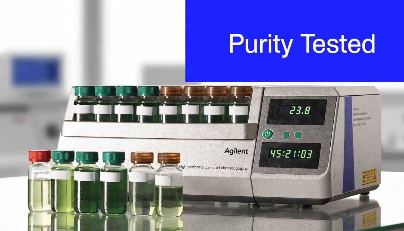 An Agilent high performance liquid chromatography device with various glass sample vials placed on a table.