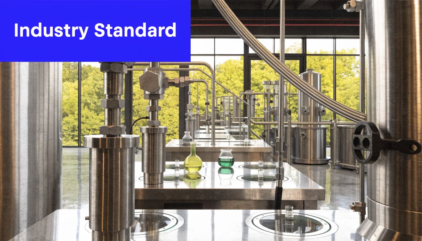 A modern, sterile laboratory setup with stainless steel industrial equipment, piping, and beakers filled with colored liquids.