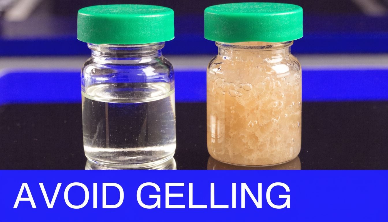 Two glass vials with green caps, one showing clear liquid and the other showing a gelled substance.