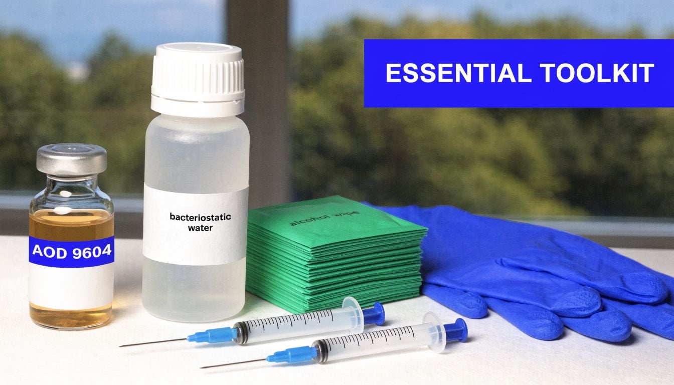 Medical supply kit featuring AOD 9604, bacteriostatic water, alcohol wipes, sterile syringes, and blue nitrile medical gloves.