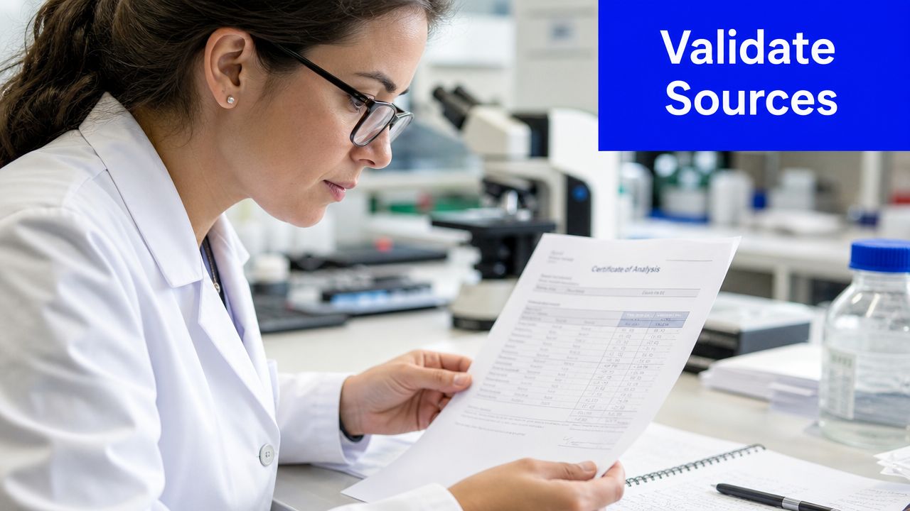 A female scientist in a lab coat examining a certificate of analysis document at her desk.