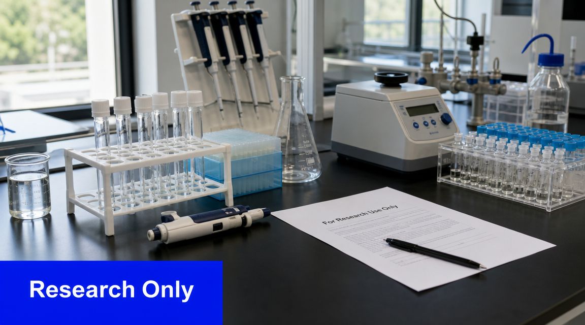 A laboratory desk equipped with various scientific glass tubes, pipettes, a centrifuge, and research documentation.