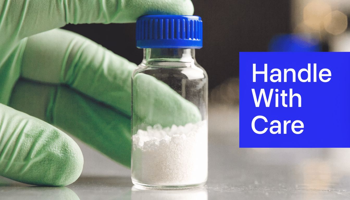 A gloved hand holds a small glass vial containing white powder, emphasizing careful chemical handling procedures.