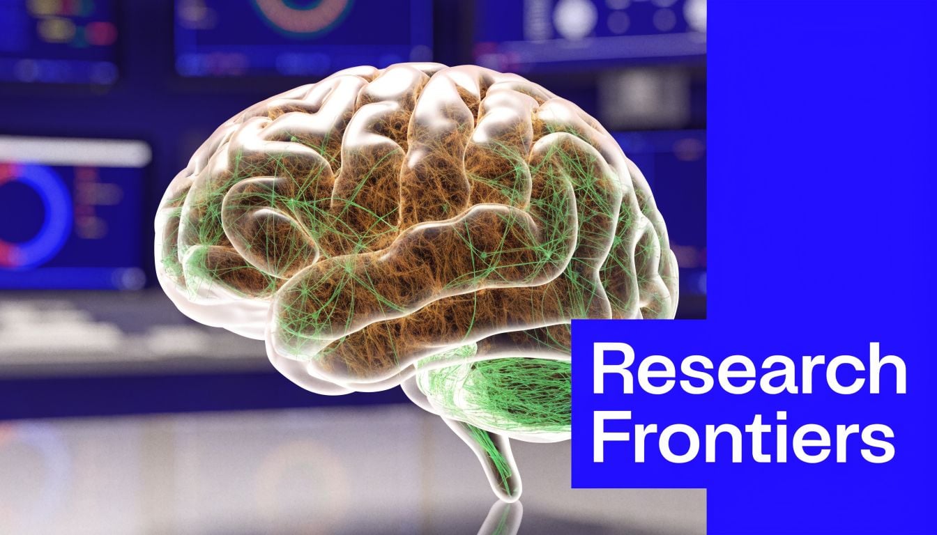 A 3D rendering of a human brain with glowing neural networks in a high-tech research laboratory setting.