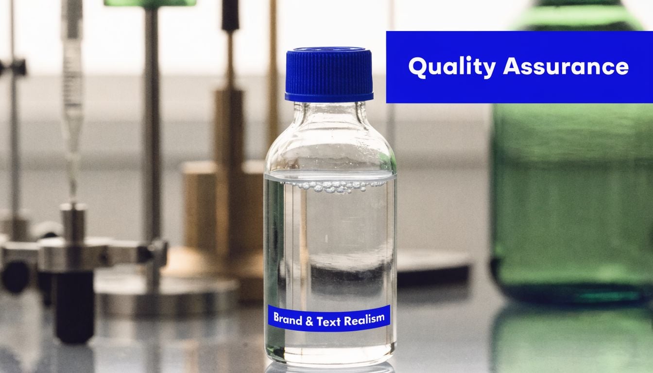 A clear glass bottle with a blue cap and a label sitting on a laboratory workspace.