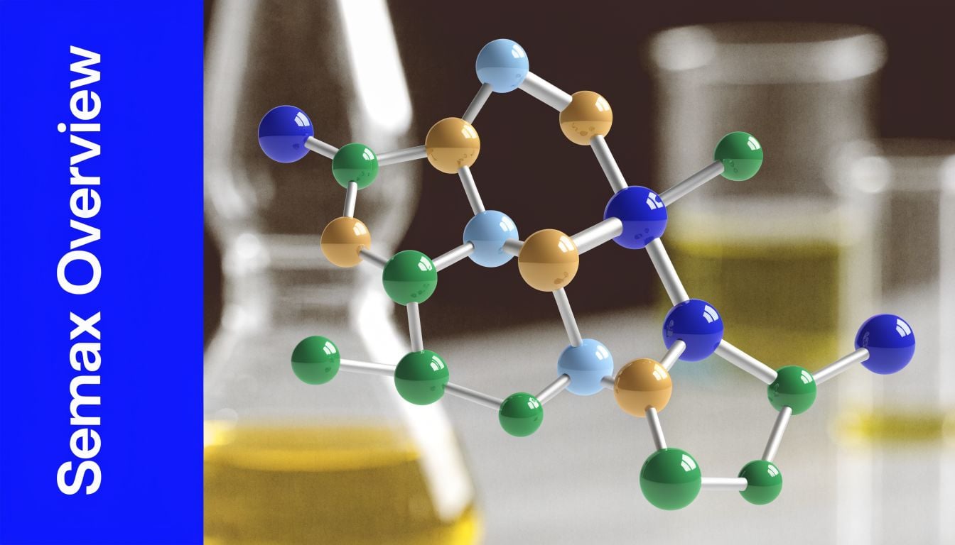 A 3D molecular model representation floating in front of laboratory glassware, illustrating a chemical peptide structure.