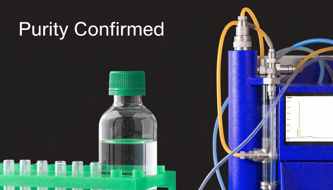 A laboratory chromatography system testing chemical purity with a glass sample vial and an analytical display screen.