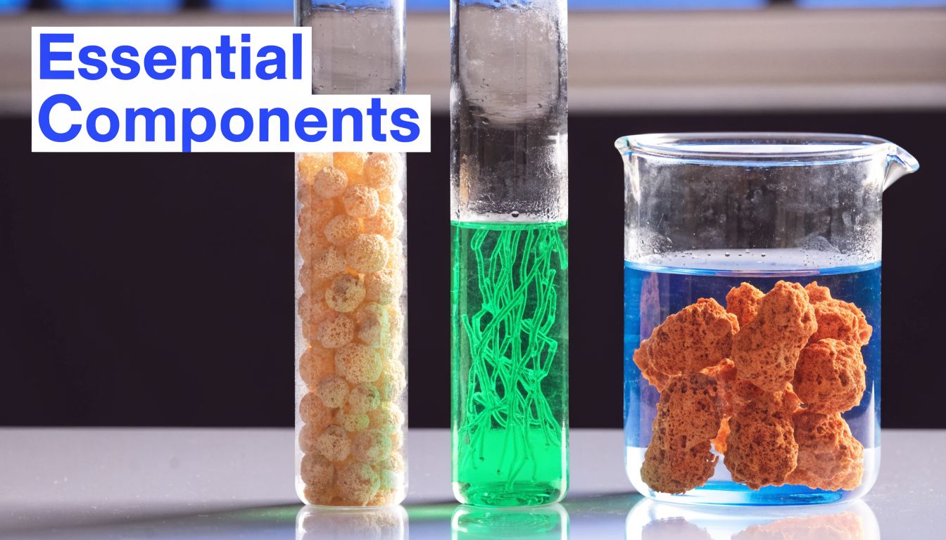 Test tubes and a beaker with chemical substances representing the solid phase peptide synthesis process