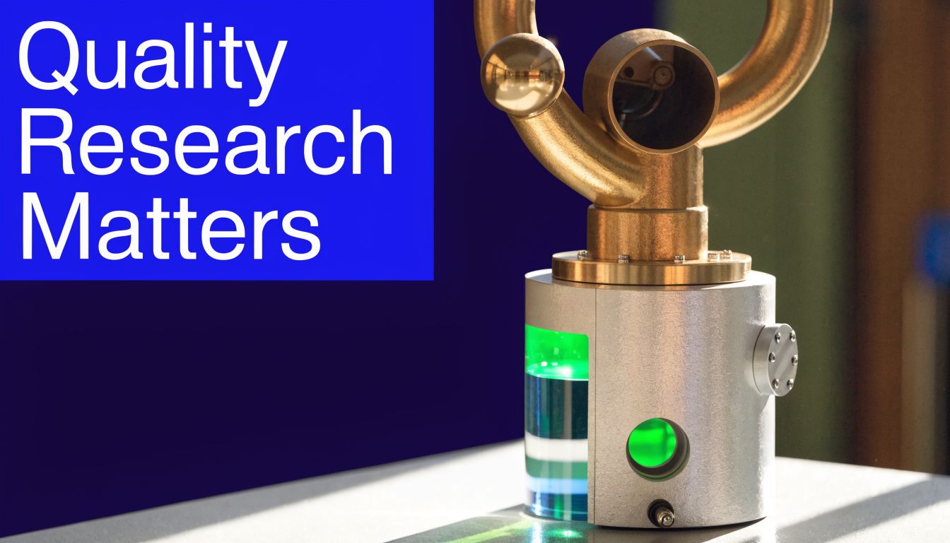 A close-up of a high-tech laboratory instrument with a glowing green light and metallic golden components.
