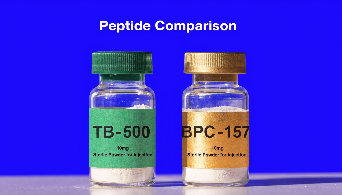 Two vials of peptide powder, labeled TB-500 and BPC-157, standing side by side against a blue background.