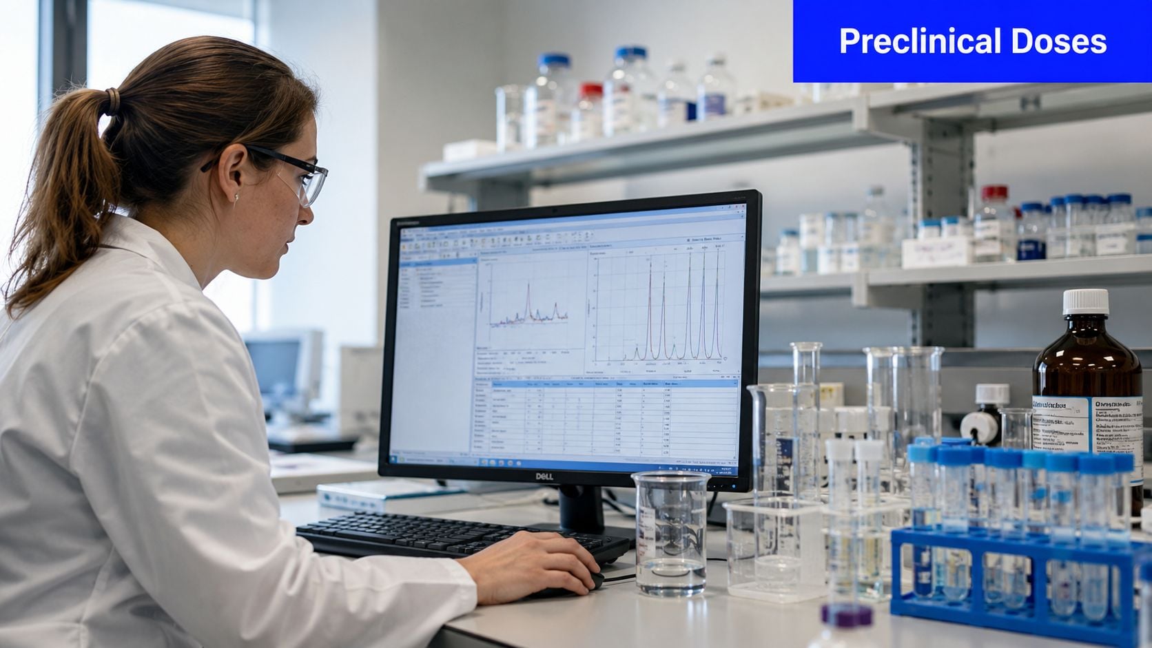 A female laboratory researcher analyzing scientific data and chemical analysis graphs on her computer screen.