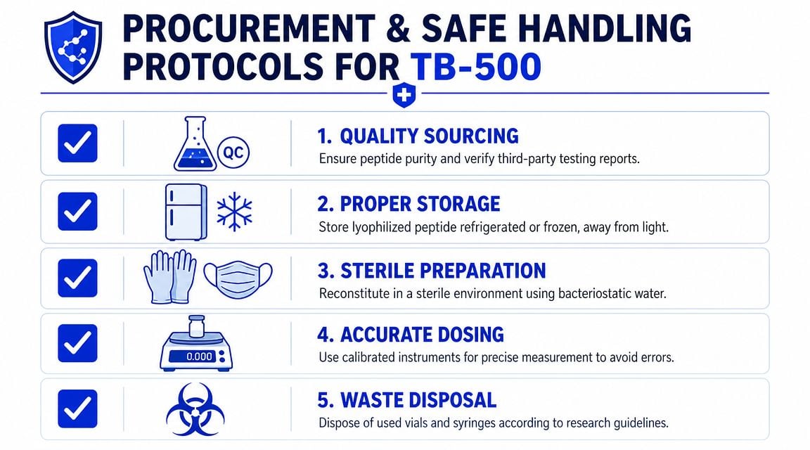 An infographic showing five safety protocols for the procurement and handling of TB-500 peptides.