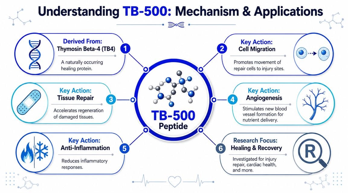 An infographic titled Understanding TB-500 explaining the healing protein's mechanism, cell migration, tissue repair, and anti-inflammatory properties.