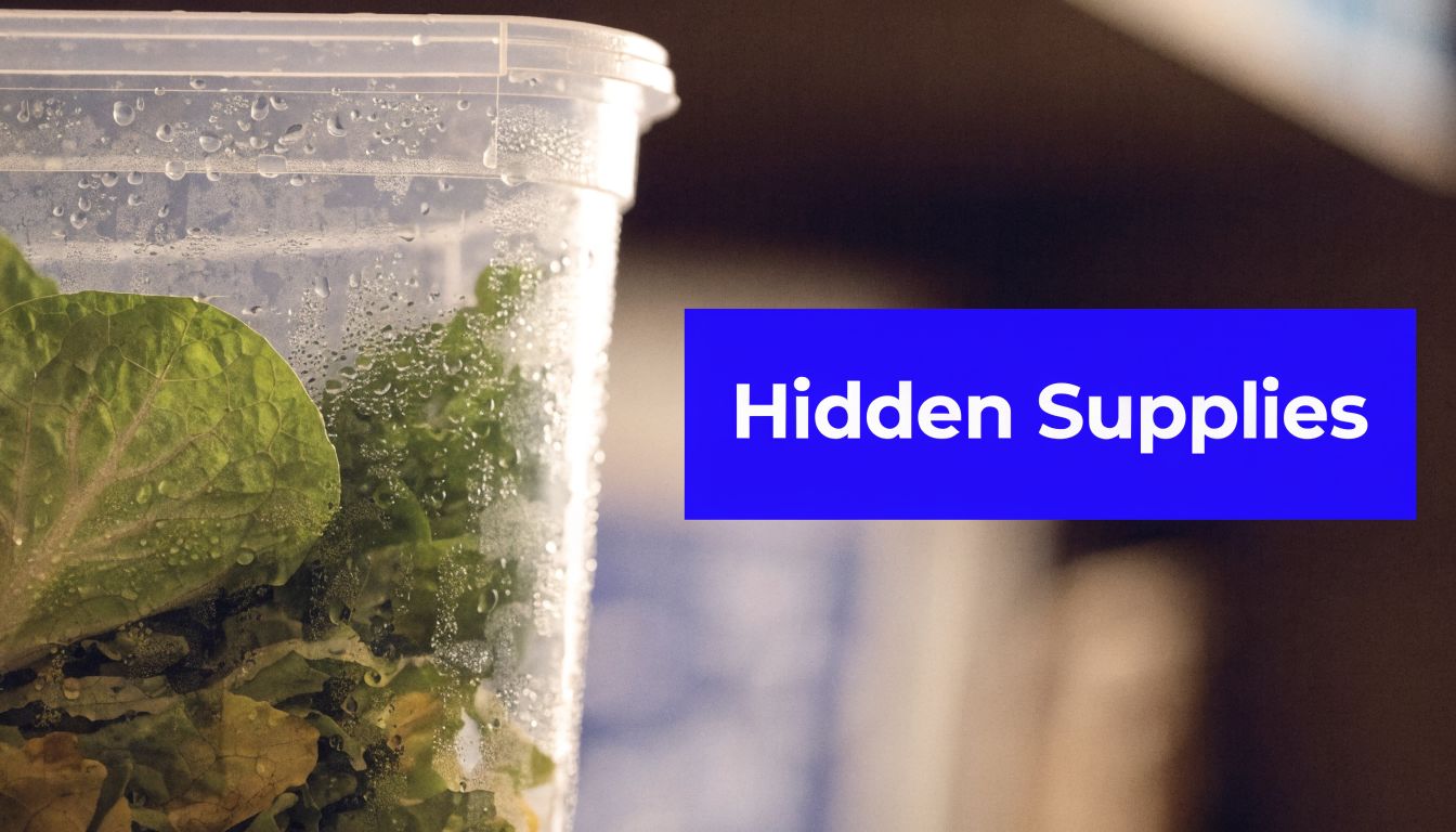 A clear plastic container filled with fresh green lettuce sitting on a shelf with blue text.